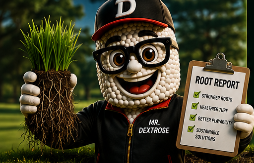 Mr. Dextrose holding a healthy grass plug and a Root Report checklist